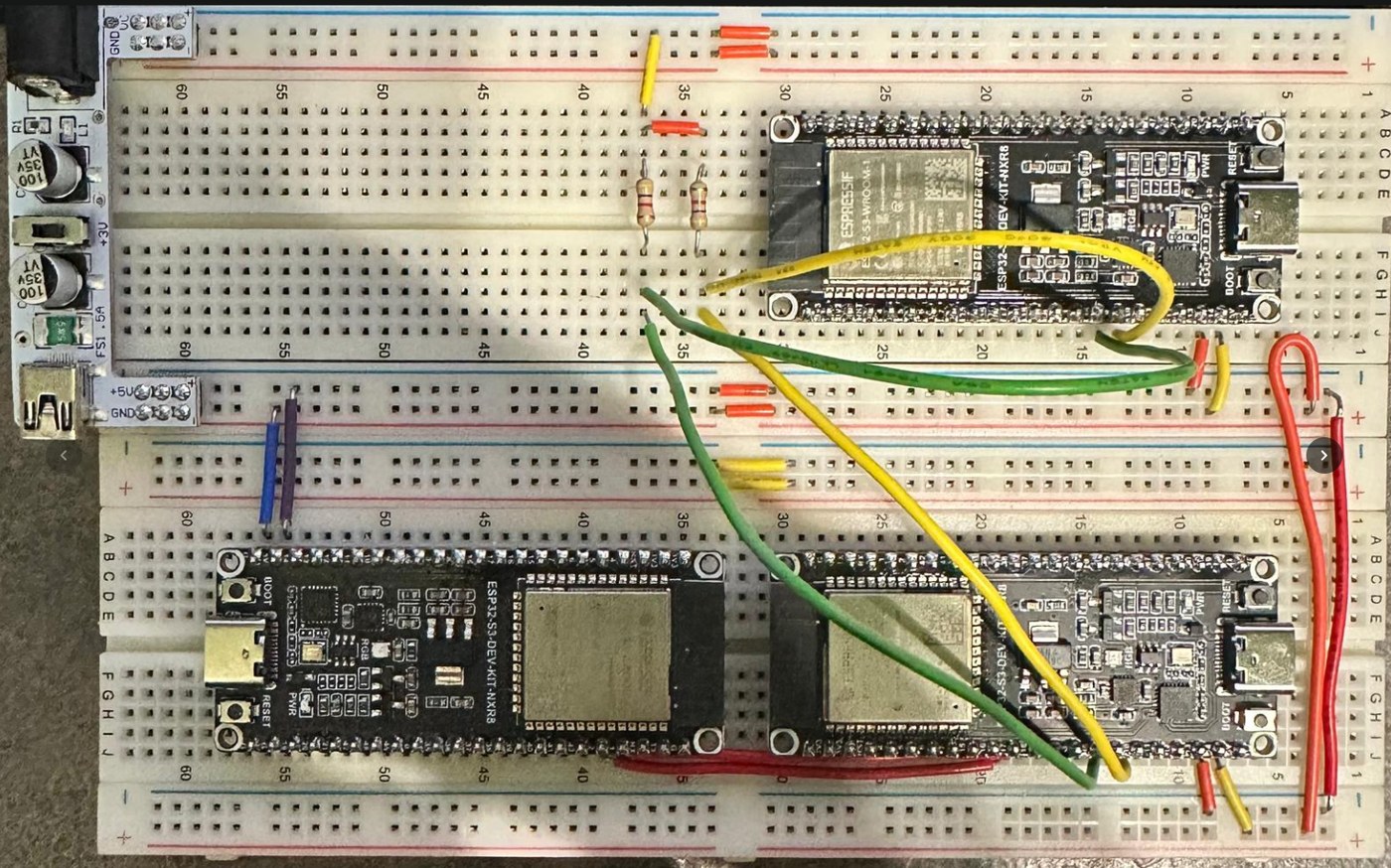 Two ESP32-S3 development boards wired back to back on breadboards