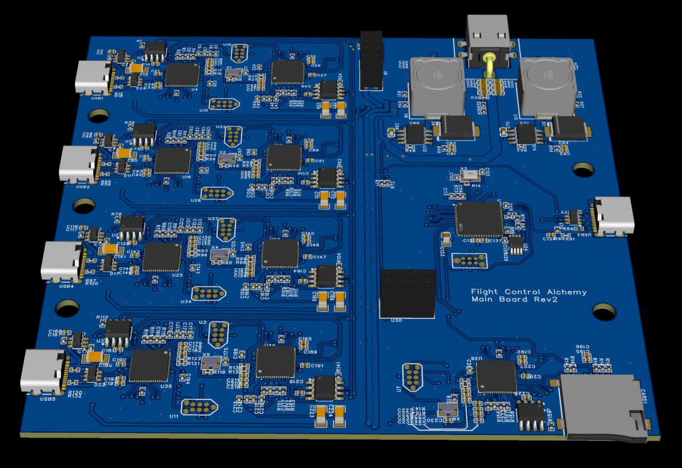 A 3D render of the final Flight Control Alchemy four-device main board